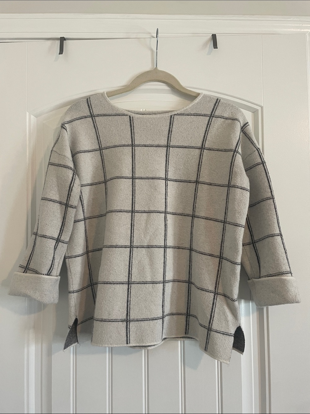 Tahari Cream Sweater with Black Windowpane Check
